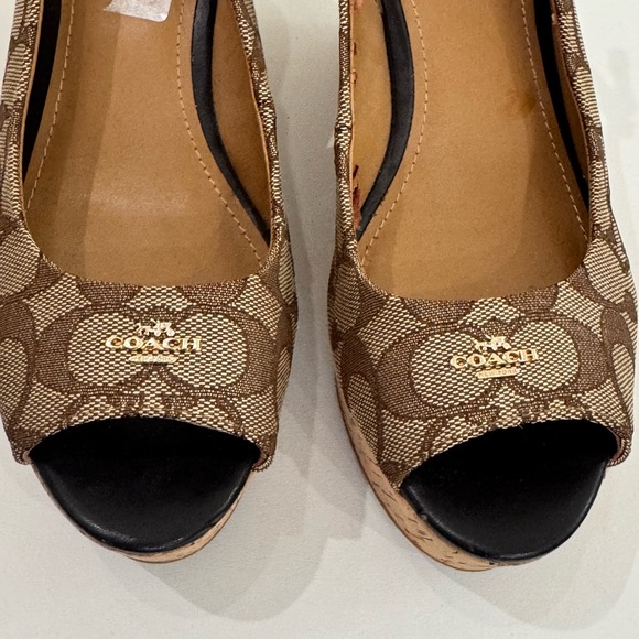 Coach Logo Print Slingback Wedge Sandals Brown Beige Black Canvas Leather 7.5B - Picture 2 of 12